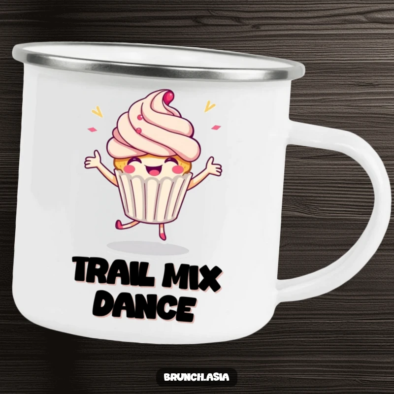 Funny cupcake character dancing on a camping mug, perfect for outdoor enthusiasts who love celebrations.