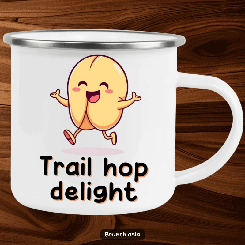 Funny fortune cookie character hopping cheerfully on a camping mug, perfect for outdoor enthusiasts.