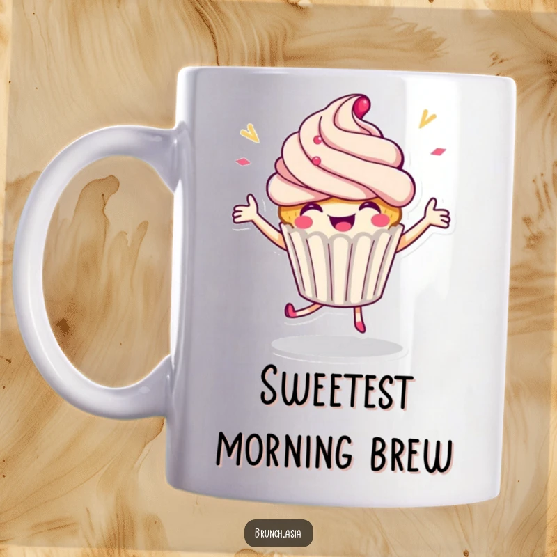 Funny cupcake character doing a happy celebratory dance on a mug, radiating pure joy and sweetness.