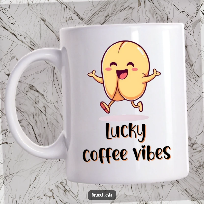 Funny fortune cookie character joyfully hopping, radiating positivity and good luck on a happy mug.