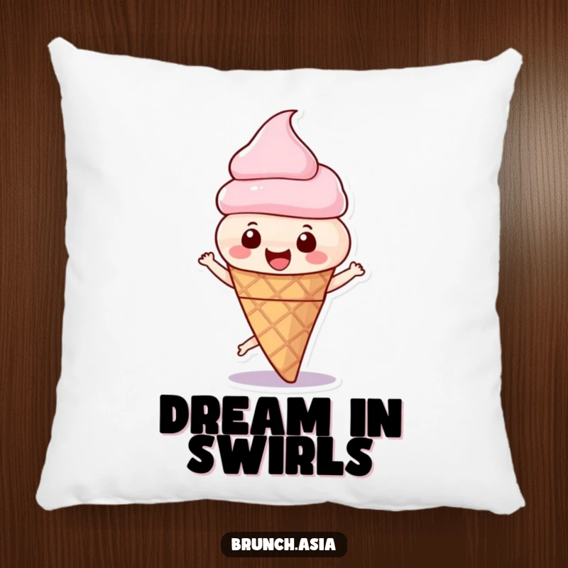 Funny ice cream cone character in a happy spin, depicted on a soft pillow, ideal for adding comfort and joy.