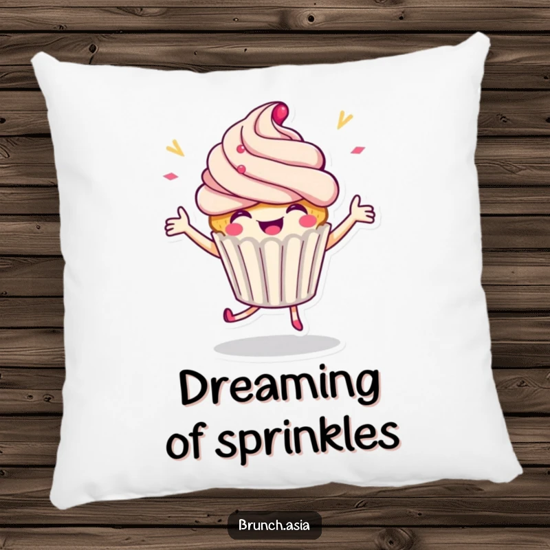 Funny cupcake character dancing on a soft pillow, perfect for cozy comfort and festive vibes.