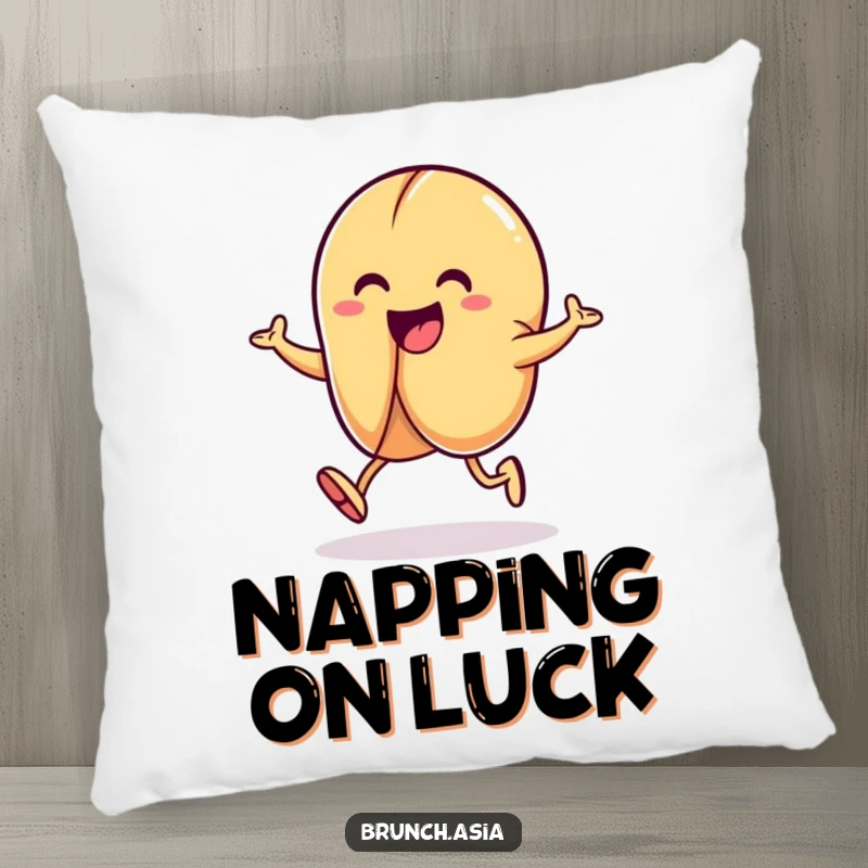 Funny fortune cookie character hopping playfully on a soft pillow, adding comfort and a touch of luck.