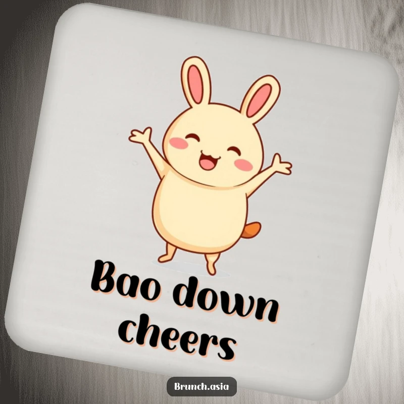 Funny bao bun character jigging on a drink coaster, adding a playful touch to any surface.