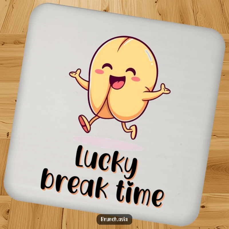 Funny fortune cookie character hopping on a drink coaster, adding luck and charm to your table.