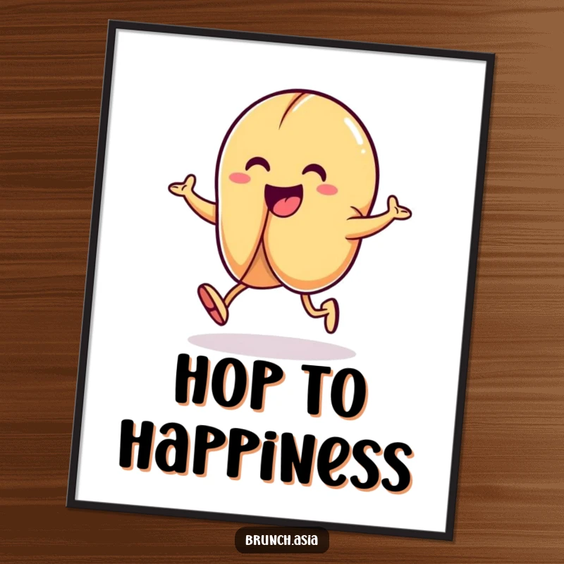Funny fortune cookie character leaping with joy on a poster, bringing luck and laughter to your decor.