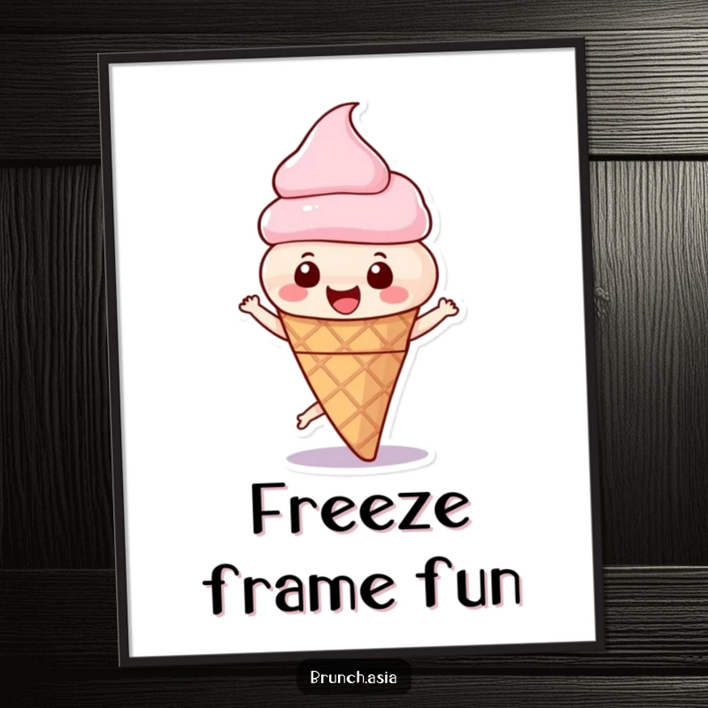 Funny ice cream cone character in a dynamic spin, beautifully rendered on a poster to add a burst of happiness.