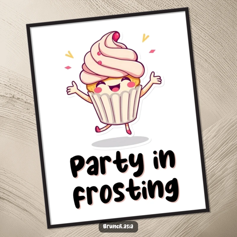 Funny cupcake character dancing energetically on a poster, bringing festive cheer to any space.