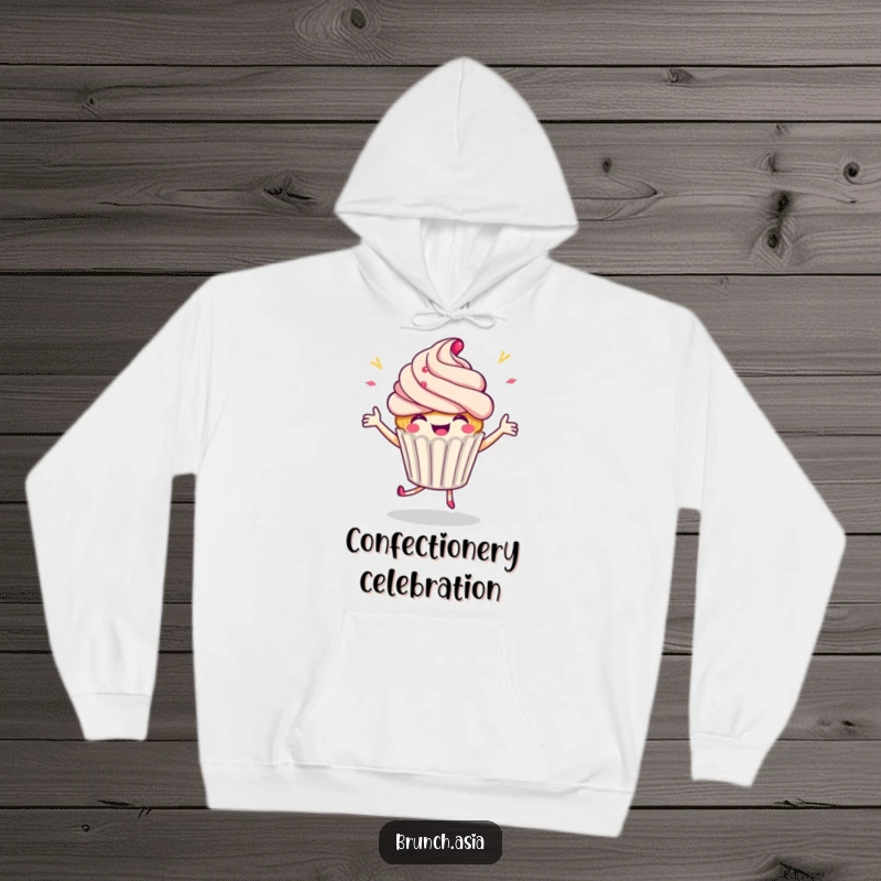 Funny cupcake character dancing joyfully on a cozy hoodie, perfect for comfort and festive vibes.