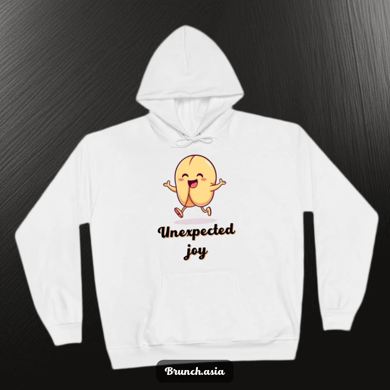 Funny fortune cookie character hopping playfully on a cozy hoodie, offering comfort and a touch of luck.