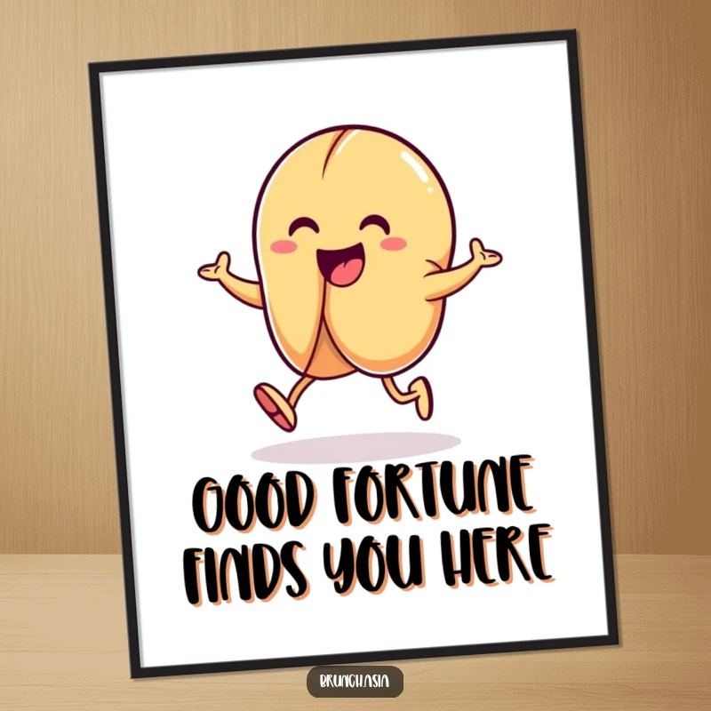 Funny Free Printable Wall Art: A cheerful fortune cookie character captured mid-hop, radiating playful energy and good vibes.