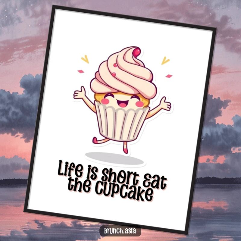 Funny Free Printable Wall Art: A happy cupcake character captured mid-dance, radiating sweetness and celebratory energy.