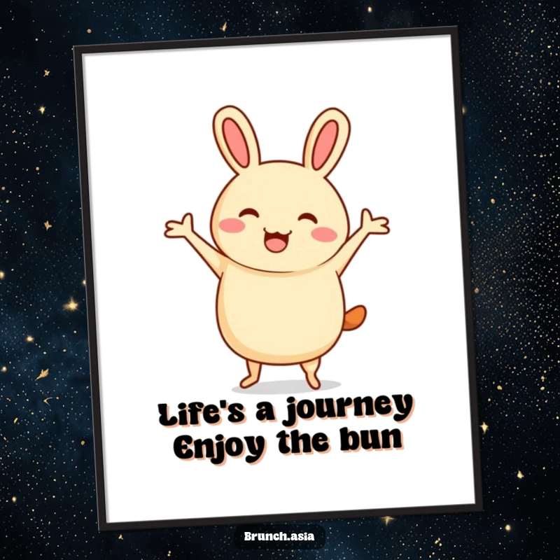 Funny Free Printable Wall Art: A cheerful bao bun character captured mid-jig with simple stick arms, radiating pure joy.