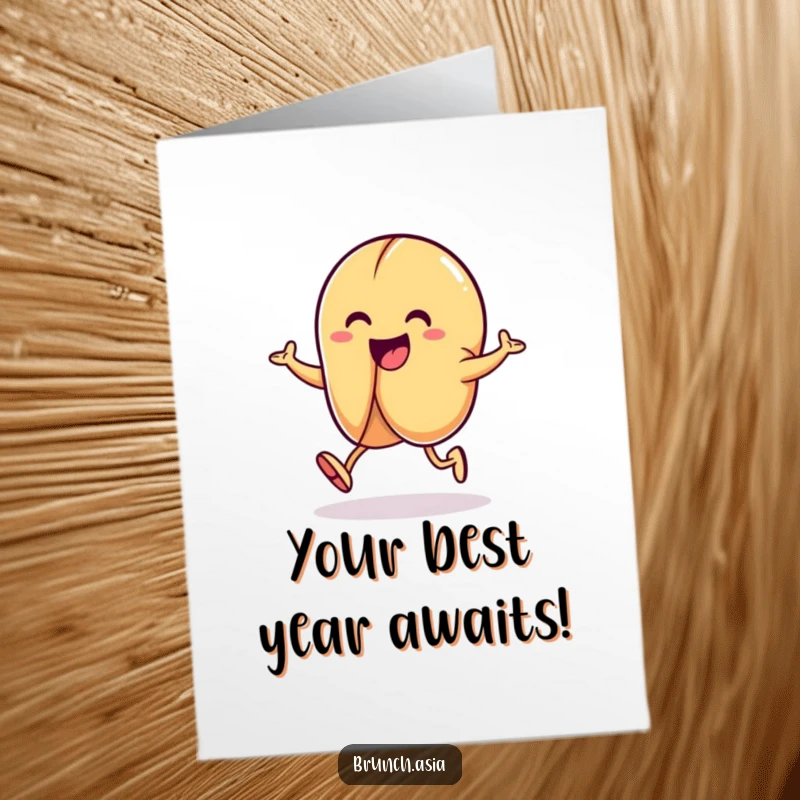 Funny Free Printable Birthday Card: A smiling fortune cookie character playfully hopping with excitement, delivering good wishes.