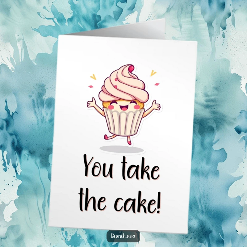 Funny Free Printable Congratulations Card: A happy cupcake character performing a celebratory dance, cheering for a wonderful success.