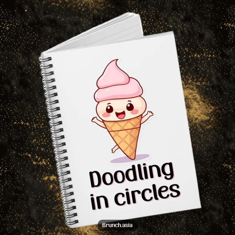 Funny ice cream cone character happily spinning on a notebook cover, inspiring creative and joyful note-taking.