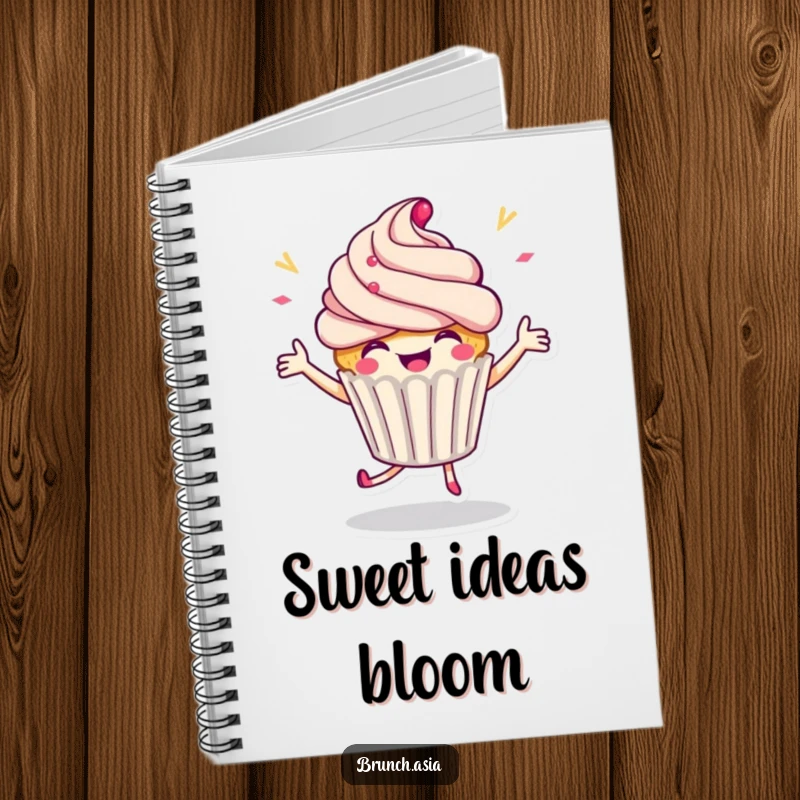 Funny cupcake character dancing on a notebook cover, inspiring creative and festive note-taking.