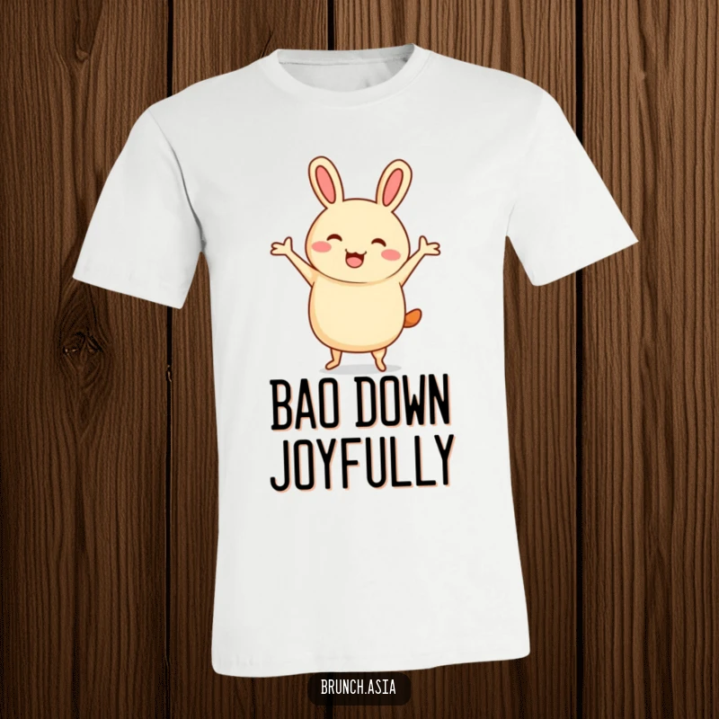 Funny bao bun character performing a lively jig on a t-shirt, symbolizing joy and playfulness.