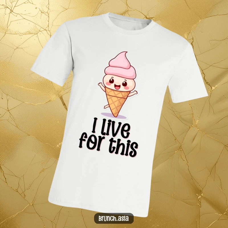 Funny ice cream cone character in a joyous spin, depicted on a t-shirt, conveying excitement and a playful spirit.