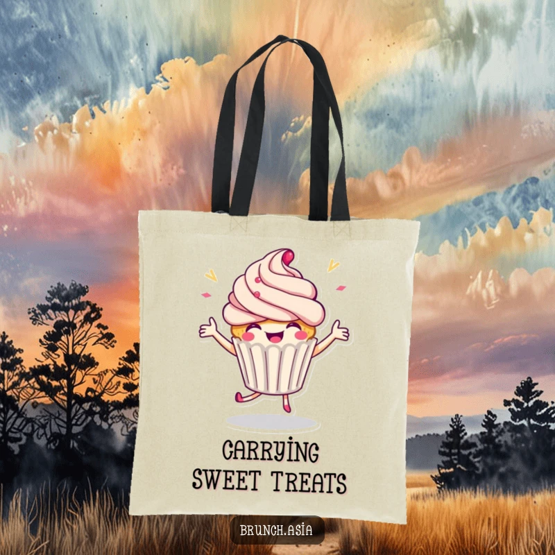 Funny cupcake character dancing merrily on a tote bag, ideal for carrying everyday items with a festive flair.