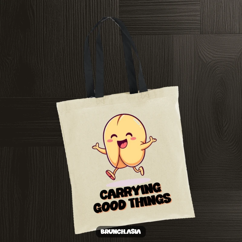 Funny fortune cookie character hopping merrily on a tote bag, perfect for carrying good fortune.