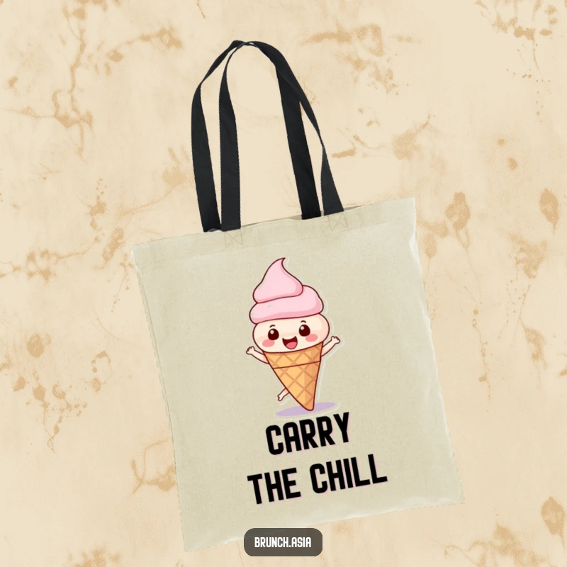 Funny ice cream cone character captured in a joyful spin on a durable tote bag, perfect for carrying happiness.
